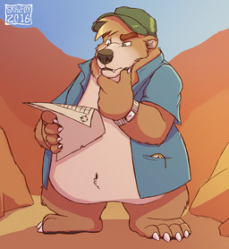 4_toes 5_fingers anthro barefoot belly big_belly biped black_nose blue_clothing blue_sky blue_topwear bottomless brown_body brown_fur brown_hair canyon claws clock clothed clothing confusion countershade_torso countershading day detailed_background eyebrows fangs featureless_crotch feet fingers front_view fur green_eyes hair hat headgear headwear holding_object male map multicolored_body multicolored_fur naturally_censored navel open_clothing open_shirt open_topwear outside overweight overweight_anthro overweight_male plantigrade raised_eyebrow shirt sky snout solo standing tan_belly tan_body tan_countershading tan_fur teeth toe_claws toes topwear two_tone_body two_tone_fur watch white_claws skaifox bear mammal 2016 digital_media_(artwork) full-length_portrait portrait watermark