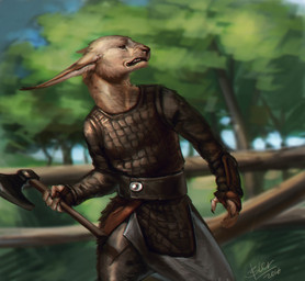 anthro axe clothed clothing fur male melee_weapon outside solo standing teeth weapon daryabler felid feline lynx mammal absurd_res hi_res