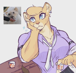 accessory anthro beverage blue_eyes clothing container cup ear_piercing ear_ring female hand_on_face necktie piercing ring_piercing shirt solo topwear beezii felid lion mammal pantherine hi_res