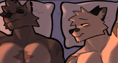 anthro bed brown_body duo eyes_closed furniture head_on_pillow looking_at_another male muscular pecs pillow sleeping sleeping_together waking_up yellow_sclera rygel_spkb milo_(rygel_spkb) yoby_(rygel_spkb) canid canine canis domestic_dog mammal wolf comic hi_res