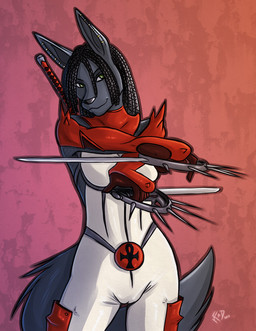 ankh anthro breasts camel_toe cosplay dreadlocks ear_piercing egyptian female green_eyes holding_melee_weapon holding_object holding_sword holding_weapon holidays looking_at_viewer melee_weapon ninja piercing pose solo sword tail warrior weapon conditional_dnp kadath halloween nightshade_(video_game) sega nightshade_(kadath) anubian_jackal canid canine canis jackal mammal digital_media_(artwork)
