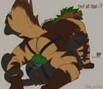 anthro anthro_on_anthro anus black_body black_fur black_pawpads body_hair brown_body brown_fur bulge bulge_from_behind bulge_frottage bulge_rubbing clothed clothing dialogue duo exclamation_point from_front_position fur green_ears green_hair green_pawpads hair jockstrap jockstrap_bulge jockstrap_only legs_up male male/male mane mating_press onomatopoeia pawpads pinned pinned_to_ground sex shaking simple_background slightly_chubby sound_effects spread_legs spreading striped_body striped_fur stripes tail tail_wrapped tan_body tan_fur text topless underwear underwear_only stink_panther ink_(stink_panther) king_mutt bear hyena mammal absurd_res english_text hi_res