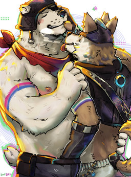 abstract_background anthro anthro_on_anthro areola armor army_helmet barazoku belly belt biceps big_muscles bisexual_pride_colors blush bottomwear claws clothed clothed_anthro clothed_male clothing duo ear_piercing ear_ring eye_patch eyes_closed eyewear fingerless_gloves fully_clothed fully_clothed_anthro fully_clothed_male fur furgonomic_pants furgonomics gloves hand_in_pants hand_on_cheek hand_on_shoulder handwear hat headgear headwear helmet kerchief lgbt_pride male male/male midriff musclegut muscular muscular_anthro muscular_male neckerchief neckwear nipples pants pecs piercing pride_colors ring_piercing simple_background skimpy smile teeth tongue tongue_out topless topless_anthro topless_male topwear tuft vest vincian_pride_colors luck_like epic_games fortnite lgbt_pride_month polar_patroller wendell_(fortnite) bear canid canine canis mammal wolf 2025 hi_res signature
