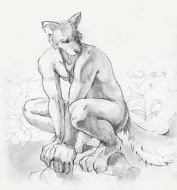 anthro armband biped cheek_tuft claws crouching ear_piercing ear_ring facial_tuft male nude piercing plant ring_piercing rock shrub simple_background solo three-quarter_view toe_claws tuft unsigned akatan_art canid mammal full-length_portrait graphite_(artwork) greyscale hi_res monochrome portrait traditional_media_(artwork)