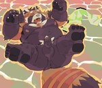 abstract_background anthro anus balls claws erection feet finger_claws genitals kemono lying male moobs nipples nude on_back overweight overweight_male pawpads penis solo spiral_eyes toe_claws tuokemao ailurid mammal red_panda 2025 absurd_res hi_res