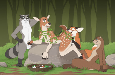 4_toes 5_fingers anthro anthro_on_anthro balls biped black_nose breasts brown_body brown_fur cloven_hooves cunnilingus erection feet female fingers foot_fetish foot_play footjob forest freckled_face freckles fur genitals gloves_(marking) grey_body grey_fur grin group group_sex handjob hindpaw hoof_fetish hoofjob hooves humanoid_genitalia humanoid_hands humanoid_penis leg_markings male male/female markings nature nipples nude open_mouth open_smile oral outdoor_nudity outside outside_sex paws penile penis plant red_body red_fur ring_(marking) ringed_tail sex sitting smile socks_(marking) spots standing striped_markings striped_tail stripes tail tail_markings teeth toes tongue tree vaginal jishinu canid canine cervine deer fallow_deer fox mammal mustelid otter procyonid raccoon red_fox river_otter true_fox 2025 hi_res