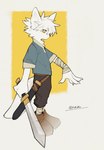 4_fingers anthro bandage bandaged_arm biped blue_clothing blue_shirt blue_topwear clothed clothed_anthro clothing extended_arm fingers footwear fully_clothed fully_clothed_anthro fur hair holding_object holding_weapon male male_anthro melee_weapon mouth_closed neutral_expression scabbard shirt shoes simple_background solo sword tail topwear weapon white_body white_fur sue36v canid mammal hi_res signature