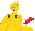 annoyed anthro beak big_breasts blood bodily_fluids breasts butt cleavage clothed clothing duo eyelashes feathers female glistening_eyelids half-closed_eyes huge_breasts male narrowed_eyes non-mammal_breasts overweight overweight_female simple_background slightly_chubby sweat white_background yellow_body yellow_feathers sssonic2 muppets pbs sesame_street big_bird_(sesame_street) elmo avian bird muppet 2017 hi_res