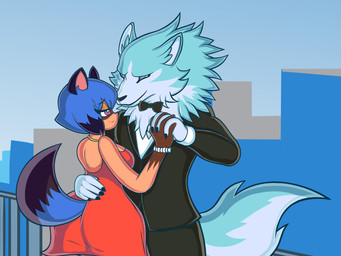 anthro bedroom_eyes blue_background building clothed clothing duo female fully_clothed fur hand_holding hand_on_hip interspecies jewelry looking_at_another male male/female narrowed_eyes raised_tail seductive simple_background suit tail blackmore brand_new_animal studio_trigger michiru_kagemori shirou_ogami canid canine canis mammal raccoon_dog tanuki wolf absurd_res hi_res