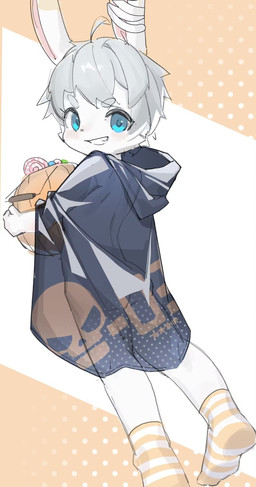 4_fingers 5_toes anthro arms_out blue_eyes blush butt candy cloak clothing dessert dipstick_ears ear_markings exhibitionism eyebrows feet fingers food footwear fruit fur grey_eyebrows grey_hair gumball_(candy) hair handle holding_object holidays inner_ear_fluff legwear lollipop long_ears looking_at_viewer male mostly_nude multicolored_ears nude number_on_clothing orange_background orange_stripes pattern_clothing pattern_footwear pattern_legwear pattern_socks pink_inner_ear pink_inner_ear_fluff plant presenting presenting_hindquarters pumpkin rabbit_ears simple_background skull_symbol smile socks solo striped_clothing striped_footwear striped_legwear striped_socks stripes teeth_showing toes translucent translucent_clothing trick-or-treating tuft turning_head white_background white_body white_fur yellow_ear_tips young emolga_1 halloween lagomorph leporid mammal rabbit hi_res