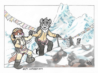 anthro black_nose bottomwear closed_smile clothed clothing duo_focus fur grey_body grey_fur group happy hiking jacket logo male male_anthro mountain mouth_closed open_mouth open_smile pants pink_nose smile snow standing topwear trio white_body white_fur yellow_bottomwear yellow_clothing yellow_jacket_(clothing) yellow_pants yellow_topwear pandapaco parinton bear felid giant_panda mammal mustelid otter pantherine snow_leopard 2019 artist_logo dated signature traditional_media_(artwork)