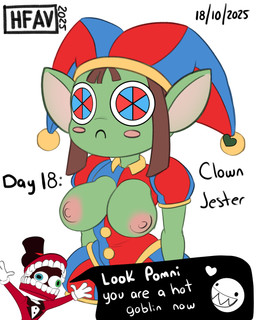 alternate_species areola blue_clothing blue_eyes blush blush_stickers breasts brown_hair clothing dialogue exposed_breasts female fool's_hat front_view green_body green_skin hair hat headgear headwear humanoid_pointy_ears jester jester_outfit multicolored_eyes nipples pink_areola pink_nipples pointy_ears red_clothing red_eyes simple_background solo speech_bubble text two_tone_eyes white_background wide_hips h-fav glitch_productions gobtober the_amazing_digital_circus bubble_(tadc) caine_(tadc) pomni_(tadc) digital_creature goblin humanoid mouth_creature 2025 4:5 absurd_res hi_res