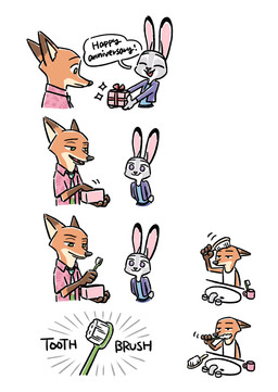 anthro black_ears black_nose brown_ears brown_tail brush clothed clothing countershading dipstick_ears dipstick_tail ear_markings female fur gift green_eyes grey_body grey_ears grey_fur hairbrush long_ears long_tail male markings multicolored_body multicolored_ears multicolored_fur orange_body orange_ears orange_fur orange_tail pink_inner_ear purple_eyes speech_bubble tail tail_markings tan_body tan_countershading tan_fur tan_inner_ear text toothbrush two_tone_ears white_body white_countershading white_fur gumi_(pixiv) disney zootopia judy_hopps nick_wilde canid canine european_rabbit fox lagomorph leporid mammal oryctolagus rabbit red_fox true_fox absurd_res english_text hi_res