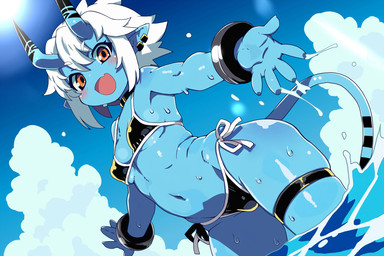bikini black_bikini black_clothing black_swimwear blue_body blue_skin blue_sky breasts clothing cloud ear_piercing female hair horn looking_at_viewer navel not_furry open_mouth partially_submerged piercing pointy_ears red_eyes short_hair sky small_breasts smile solo swimwear tail two-piece_swimsuit water wet wet_body white_hair young uzuki_tenchan asian_mythology east_asian_mythology japanese_mythology mihoyo mythology zenless_zone_zero soukaku demon horned_humanoid humanoid oni yokai blue_theme hi_res