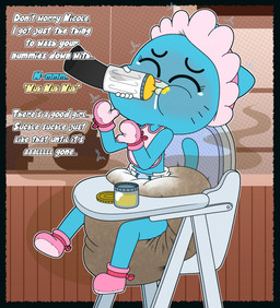 anthro baby_bonnet baby_bottle baby_food bib big_diaper blush bonnet booties clothing cutlery dialogue diaper disembodied_hand feces female handwear headgear headwear high_chair kitchen_utensils mittens pooping soiled_diaper soiling soiling_diaper solo spoon stink_fumes text tools unclean_diaper used_diaper tenerius cartoon_network the_amazing_world_of_gumball nicole_watterson domestic_cat felid feline felis mammal absurd_res english_text hi_res