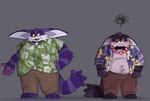 aloha_shirt annoyed anthro barefoot belly blush clothing duo feet fur khaki_pants lei male overweight overweight_male pattern_clothing pattern_shirt pattern_topwear pawpads purple_body purple_fur scar shirt smile topwear yellow_sclera newtmoss sega sonic_the_hedgehog_(series) big_the_cat smalls_the_cat domestic_cat felid feline felis mammal hi_res