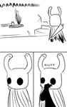 2_horns 3_panel_comic aaaaaaaaaaa ambiguous_gender biped black_body black_eyes black_text cloak clothing duo feral fingers horn sound_effects standing text weapon_on_back white_head skeletorskeletonized hollow_knight team_cherry the_knight_(hollow_knight) arthropod vessel_(species) 2020 5:8 comic digital_media_(artwork) end_page english_text hi_res monochrome