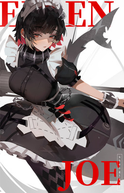 belt big_breasts black_clothing black_dress black_hair black_legwear black_pantyhose breasts chain clothing cuffs_(clothing) dress female fish_tail frilly frilly_clothing hair legwear looking_at_viewer maid_apron maid_uniform pantyhose puffy_sleeves red_eyes shark_tail short_hair short_sleeves solo text uniform shengtaki mihoyo zenless_zone_zero ellen_joe animal_humanoid aquatic aquatic_humanoid fish fish_humanoid humanoid shark_humanoid thiren character_name digital_drawing_(artwork) digital_media_(artwork) english_text hi_res watermark