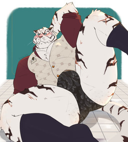 anthro arm_scar arm_support black_clothing black_footwear black_socks blue_eyes blush body_hair bulge butt_hair clothed clothing collared_shirt dress_shirt eye_scar facial_scar fangs floor footwear fur hand_behind_head leg_scar looking_away male muscular muscular_anthro muscular_male on_ground pattern_clothing pattern_topwear pattern_underwear pattern_vest pecs raised_leg scar shirt socks solo spread_legs spreading striped_body striped_fur stripes teeth text tile tile_floor topwear underwear vest whiskers white_body white_fur kiba24 epic_games fortnite oscar_(fortnite) felid mammal pantherine tiger artist_name hi_res