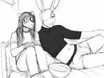 2019 anthro bed black_and_white bro_bun_(hladilnik) bulge clothed clothing detailed_bulge duo eyewear furniture genital_outline glasses hair hair_over_eye hi_res hladilnik lagomorph leporid long_hair male mammal monochrome navel on_bed one_eye_obstructed penis_outline rabbit sketch