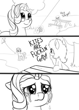 bodily_fluids crying duo female feral horn kite outside simple_background smile tears young young_female young_feral squirrelette friendship_is_magic hasbro my_little_pony mythology anon fan_character starlight_glimmer_(mlp) equid equine horse mammal mythological_creature mythological_equine pony unicorn 2017 absurd_res hi_res monochrome