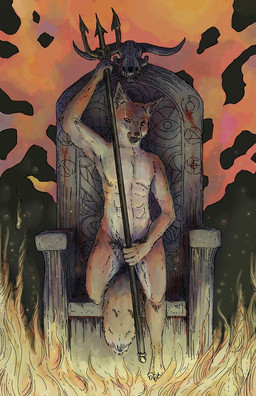 black_nose blood bodily_fluids chair fangs fire furniture hell licking licking_lips licking_own_lips looking_at_viewer melee_weapon nude occult_symbol polearm satanism seductive self_lick solo symbol teeth throne tongue tongue_out trident weapon drkchaos canid canine demon fox mammal red_fox true_fox