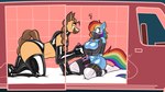 anthro anthrofied bdsm biped blue_body blue_fur blush bondage bound breasts car clothed clothing collar duo female fur green_hair hair hitachi_magic_wand kneeling latex lock male multicolored_hair multicolored_tail muzzle_(object) muzzled orange_hair padlock padlocked_collar purple_hair rainbow_hair rainbow_tail red_hair sex_toy tail vehicle vibrator wand_vibrator wings wings_tied lettuce_(artist) friendship_is_magic hasbro my_little_pony mythology rainbow_dash_(mlp) sluta draft_horse equid equine fjord_horse horse mammal mythological_creature mythological_equine pegasus pony 16:9 2022 absurd_res digital_drawing_(artwork) digital_media_(artwork) hi_res widescreen