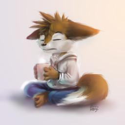 anthro barefoot beverage blue_bottomwear blue_clothing blue_pants bottomwear brown_body brown_fur chibi clothed clothing coffee coffee_mug container crossed_legs crosslegged_pose cup ears_down eyebrows eyes_closed feet fully_clothed fur grey_background head_tuft holding_beverage holding_coffee holding_coffee_mug holding_container holding_cup holding_mug holding_object hoodie male mug pants pivoted_ears simple_background sitting solo steam tail tired topwear tuft white_body white_clothing white_fur white_hoodie white_topwear thanshuhai canid canine fox mammal 1:1 2012 digital_media_(artwork) digital_painting_(artwork) full-length_portrait painting_(artwork) portrait shaded