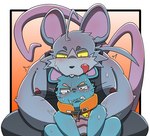 anthro blue_body blush bodily_fluids clothed clothing duo grey_body hug hugging_another hugging_from_behind kemono male male/male moobs nipples sitting size_difference slightly_chubby tears tongue tongue_out letter_route mammal mouse murid murine rodent 2025 hi_res