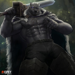 abs anthro belt biceps clothed clothing fur grey_body grey_fur male melee_weapon muscular muscular_anthro muscular_male nipples pecs scar solo sword teeth text weapon dopq elden_ring fromsoftware blaidd_(elden_ring) canid canine canis mammal wolf 2024 digital_media_(artwork) hi_res url
