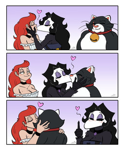 5_fingers animal_mask anthro anthro_on_anthro armband beak_mask bell bell_collar big_breasts bisexual black_armband black_body black_choker black_feathers black_fur black_hair black_jewelry black_necklace blush blush_lines breasts choker cleavage clothed clothed_anthro clothed_female clothing collar eye_scar eyelashes eyes_closed facial_scar feathers female female/female female_on_anthro fingers floating_heart fully_clothed fully_clothed_anthro fully_clothed_female fur gesture group hair hand_gesture heart_symbol human_on_anthro interspecies jewelry kiss_on_lips kissing male male/female mask middle_finger multicolored_body multicolored_fur muscular muscular_anthro muscular_male necklace pink_inner_ear pink_nose polycule purple_eyelids red_collar red_hair rude_gesture scar stretch_marks tan_body tan_skin trio white_body white_chest white_ears white_fur white_mask white_mouth yellow_eyes harry_amorós ingrid_the_plague_doctor amber_(harry_amoros) ingrid_(harry_amoros) king_kuchirou_(harry_amoros) avian bird domestic_cat felid feline felis human mammal 2024 comic digital_media_(artwork) hi_res meme