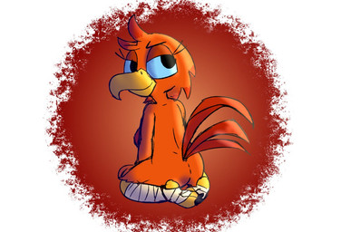 anthro avian_feet beak blue_eyes butt chibi eyelashes feathers female kneeling leg_wraps nude orange_body rear_view red_body red_feathers smile solo tail tail_feathers wraps yellow_beak baggy_(artist) windborn amara_(windborn) avian bird