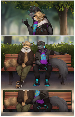 anthro blue_eyes bottomwear clothed clothing duo electronics footwear jacket male male/male outside pants park phone shoes tail topwear yellow_eyes cmitchell canid canine canis mammal wolf comic hi_res