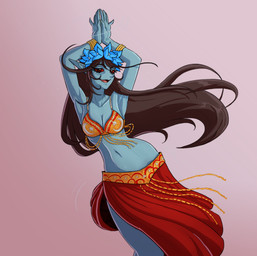 accessory belly_dancer belly_dancer_outfit blue_body blue_skin brown_hair clothed clothing crescent_(shape) dancing eyelashes fantasy female flower flower_in_hair front_view hair hair_accessory humanoid_pointy_ears long_hair looking_at_viewer midriff navel not_furry plant pointy_ears pose red_sclera simple_background smile solo star star_and_crescent ratopombo microsoft the_elder_scrolls azura_(the_elder_scrolls) daedra daedric_prince deity dunmer elf humanoid absurd_res hi_res