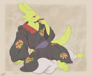 alcohol anthro asian_clothing beverage clothing drinking east_asian_clothing hanafuda japanese_clothing kimono male sake sake_dish side_view sitting solo steelshark raddums 6:5 absurd_res hi_res