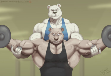 anthro behind_another biceps big_muscles black_clothing black_shirt black_tank_top black_topwear blue_clothing blue_shirt blue_tank_top blue_topwear clothing dumbbell duo exercise gym holding_another's_arm holding_dumbbell holding_object huge_muscles male muscular muscular_anthro muscular_arms muscular_male neck_muscles obliques pecs shirt tank_top teeth topwear trapezius vein veiny_muscles weightlifting weights white_body workout jabuhusky beastars riz_(beastars) bear mammal 2026 hi_res signature