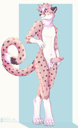 anthro balls belly blue_eyes brown_ears chest_tuft countershading dark_spots digitigrade erection facial_markings fluffy fluffy_tail fur genitals hair hand_on_hip head_markings humanoid_genitalia humanoid_penis long_tail looking_away male markings multicolored_hair neck_tuft nude pawpads penis pink_body pink_fur pink_hair pink_penis simple_background solo spiky_hair spots spotted_arms spotted_body spotted_fur spotted_legs standing star tail tuft whiskers white_belly white_body white_chest white_fur white_hair white_paws matiih cheetah felid feline mammal absurd_res digital_media_(artwork) full-length_portrait hi_res portrait signature