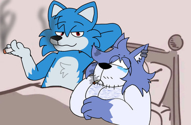 anthro blue_body blue_fur body_hair chest_hair cigarette duo fur male male/male smoking smoking_cigarette smoking_joint iriamu_okami thatonegreywolf08 i_love_when_ppl_draw_ships_like_this grey_f._ikari_(thatonegreywolf08) iriamu canid canine canis humanoid mammal wolf artist_collaboration hi_res meme