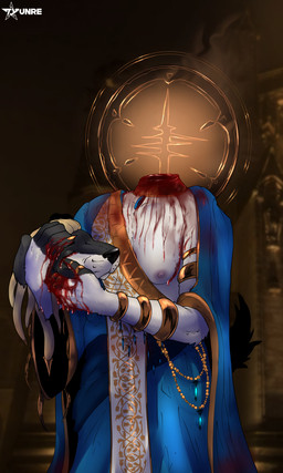 aura blonde_hair blood bodily_fluids breasts dreadlocks exposed_breasts female gilded gold_(metal) gore hair headless holding_own_head holy jewelry sagging_breasts severed_body_part severed_head solo wounded tyunre ombrelune canid mammal 3:5 hi_res