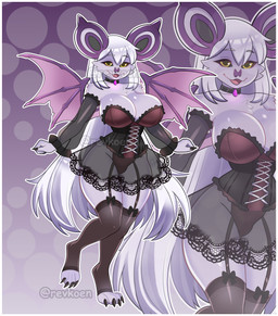 anthro armor big_breasts border breasts butt clothing corset dress female gloves gotic hair handwear horn huge_breasts lingerie long_hair solo topwear white_border nintendo pokemon generation_6_pokemon noibat pokemon_(species) absurd_res hi_res model_sheet