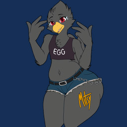 ambiguous_gender anthro beak belt_buckle belt_chain big_butt black_body black_clothing black_crop_top black_feathers black_shirt black_tail_feathers black_topwear blinking blue_body blue_feathers bottomwear buckle butt butt_jiggle chest_tuft clothing crop_top dancing denim denim_bottomwear denim_clothing denim_shorts eyebrows feather_tuft feathers hotpants huge_thighs jiggling looking_at_viewer midriff narrowed_eyes navel open_beak open_mouth raised_eyebrows red_eyes shirt shorts simple_background small_waist solo tail tail_feathers tail_motion text text_on_clothing text_on_topwear thick_thighs topwear transparent_background tuft wide_hips yellow_beak mitsymarcella avian bird corvid oscine passerine 1:1 2d_animation alpha_channel animated english_text loop signature