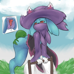 ambiguous_gender anthro bent_over big_butt black_clothing black_dress black_nose blue_body blue_fur bottomless bottomless_female butt clothed clothing cloud cunnilingus digitigrade dipstick_ears disembodied_hand disembodied_head disembodied_tongue dress duo ear_markings eyelashes female floppy_ears front_view fur genitals gloves_(marking) grass hat headgear headwear lop_ears markings multicolored_ears oral plant purple_clothing purple_hat purple_headwear purple_scarf red_eyes scarf sex sky thick_thighs tongue vaginal vulva wide_hips witch_hat piopoi palworld pocketpair katress pal_(species) 1:1 hi_res