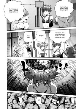artificial_intelligence circuitry clothed clothing duo explosion female hair machine not_furry skinny technology text uhoh kyoumoto_takayuki android computer_virus_(species) digital_creature human mammal robot comic english_text greyscale hi_res monochrome