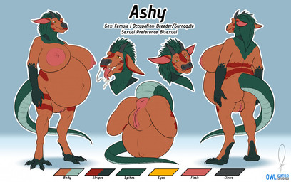 anthro anus areola bedroom_eyes belly big_belly big_breasts bodily_fluids breasts color_swatch crying female genitals huge_belly huge_breasts hyper hyper_belly hyper_pregnancy looking_at_viewer narrowed_eyes nipples nude outie pregnant pregnant_anthro pregnant_female seductive solo tail tears tears_of_joy text vulva owligatorstudios mythology ashy_(owligatorstudios) dragon mythological_creature mythological_scalie scalie 2021 english_text model_sheet