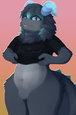 anthro belly black_clothing black_shirt black_topwear blue_eyes blue_horn bottomless clothed clothing featureless_crotch fluffy fur gradient_background grey_body grey_fur horn male shirt shirt_only shy simple_background smile solo topwear topwear_only arcdacad mythology zen_(arcdacad) bovid caprine dragon goat hybrid mammal mythological_creature mythological_scalie scalie hi_res