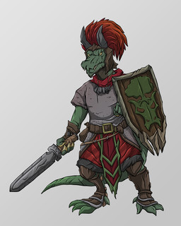 anthro belt brown_clothing claws clothed clothing finger_claws green_body green_scales holding_melee_weapon holding_object holding_shield holding_sword holding_weapon melee_weapon red_clothing scales shield simple_background solo sword teeth weapon brian_patterson reptile scalie 2020 4:5 absurd_res full-length_portrait hi_res portrait