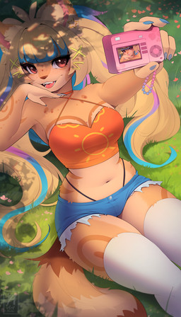 5_fingers anthro biped blonde_hair blue_claws blue_finger_claws bottomwear breasts brown_body brown_fur brown_tail camera claws clothed clothed_anthro clothed_female clothing countershade_fur countershade_torso countershading day ear_piercing female finger_claws fingers fully_clothed fully_clothed_anthro fully_clothed_female fur hair holding_camera holding_object legwear looking_at_viewer lying lying_on_ground navel on_back on_ground open_mouth open_smile outside pants piercing red_eyes smile solo tail teeth thigh_highs tongue topwear art-abaddon mammal 2025 digital_drawing_(artwork) digital_media_(artwork) hi_res