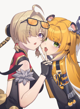 ahoge animal_ears big_breasts blonde_hair breasts cat_smile clothing eyewear eyewear_on_head female fingerless_gloves fluffy_ears glasses glasses_on_head glistening glistening_hair gloves green_eyes hair hair_between_eyes handwear interlocked_fingers jacket long_hair looking_at_viewer open_mouth purple_eyes short_hair simple_background striped_hair topwear white_background yellow_clothing yellow_jacket_(clothing) yellow_topwear shixi mihoyo zenless_zone_zero ju_fufu sweety_(zenless_zone_zero) animal_humanoid felid felid_humanoid human humanoid mammal mammal_humanoid pantherine pantherine_humanoid thiren tiger_humanoid absurd_res hi_res