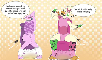 anthro bodily_fluids bodily_noises diaper diaper_around_ankles duo feces female front_view genital_fluids object_in_mouth pacifier pacifier_in_mouth pooping potty potty_training potty_use text unclean_diaper urine used_diaper wet_diaper lunarcey five_nights_at_freddy's five_nights_at_freddy's:_security_breach scottgames steel_wool_studios glamrock_chica avian bird canid canine chicken fox galliform mammal phasianid english_text hi_res
