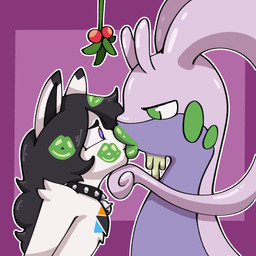 ambiguous_gender anthro black_hair collar duo forced forced_kiss green_eyes green_lips green_lipstick hair interspecies kiss_mark kiss_mark_on_cheek kiss_mark_on_hair kissing lips lipstick makeup male mistletoe plant purple_background purple_body purple_eyes simple_background spiked_collar spikes shippart mythology nintendo pokemon valerius_(randomizedlust) dragon generation_6_pokemon goodra hybrid mythological_creature mythological_scalie pokemon_(species) scalie 1:1 2024 digital_drawing_(artwork) digital_media_(artwork) english_description hi_res